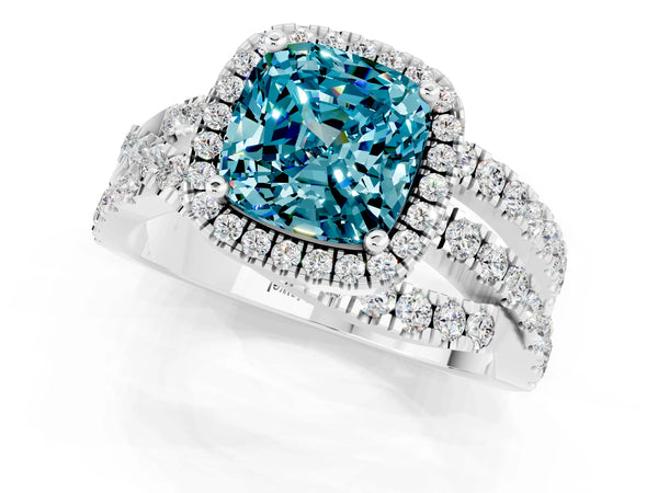 White gold Cushion Cut Blue Topaz Halo Ring with Round Split Shank and Prong Setting