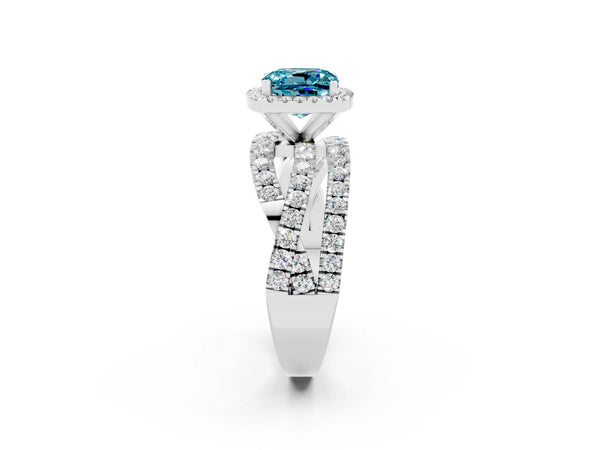 White gold Cushion Cut Blue Topaz Halo Ring with Round Split Shank and Prong Setting
