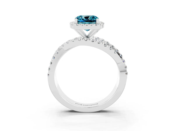 Silver Cushion Cut Blue Topaz Halo Ring with Round Split Shank and Prong Setting