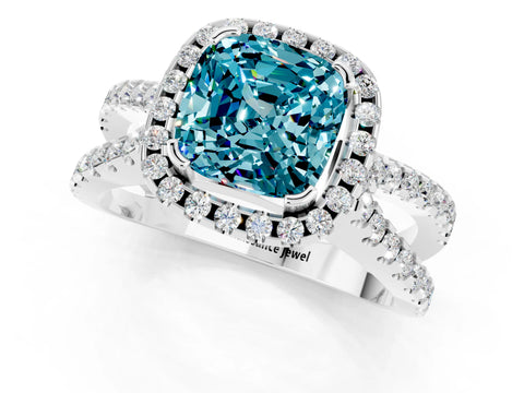 White gold Cushion Cut Blue Topaz Halo Ring with Split Shank Pavé Band and Prong Setting_1