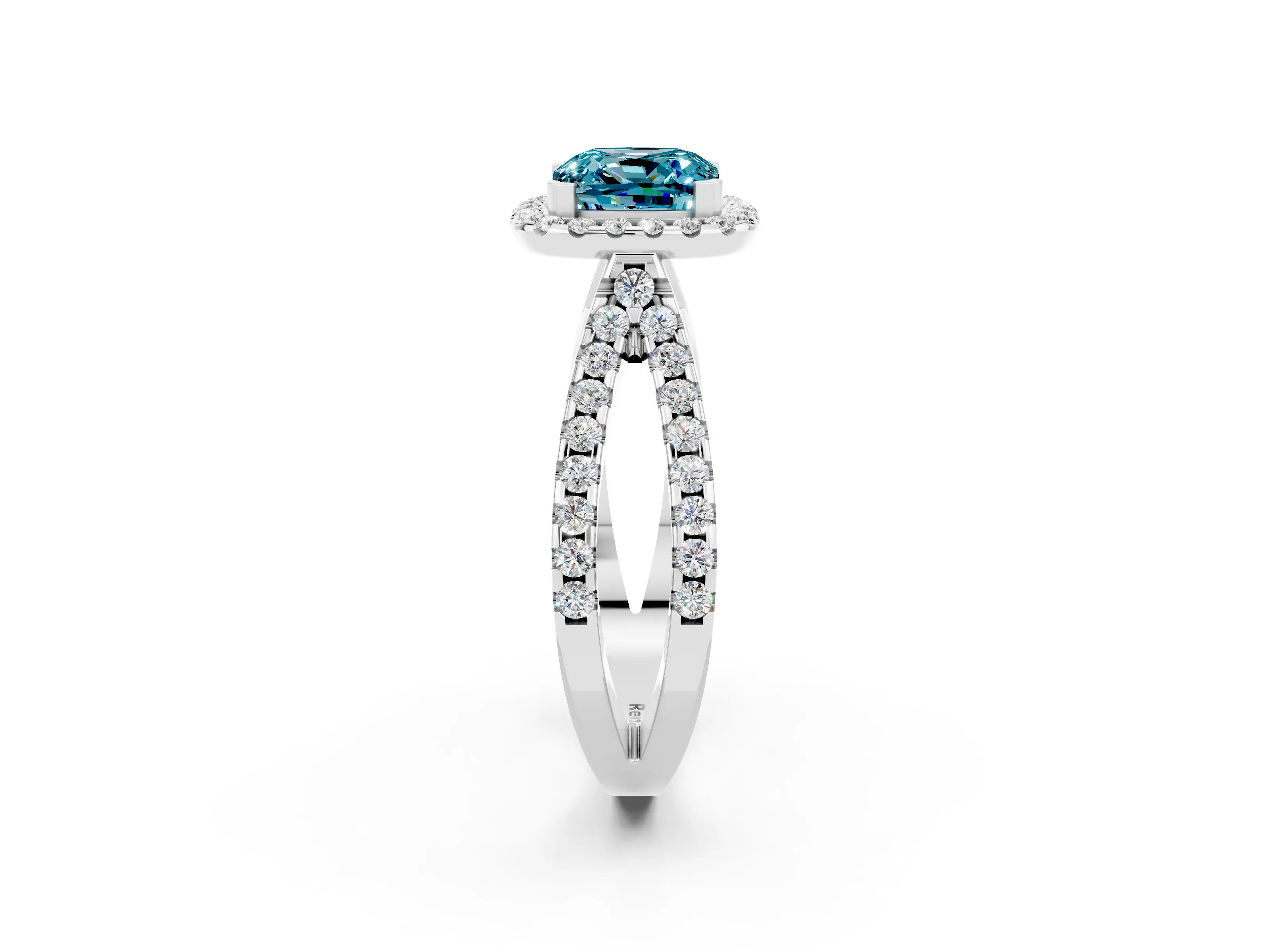 White gold Cushion Cut Blue Topaz Halo Ring with Split Shank Pavé Band and Prong Setting_2