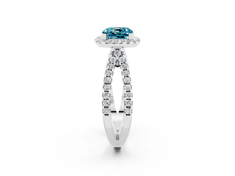 White gold Cushion Cut Blue Topaz Halo Ring with Split Shank Pavé Band and Prong Setting_2