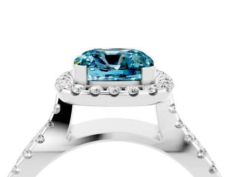 White gold Cushion Cut Blue Topaz Halo Ring with Split Shank Pavé Band and Prong Setting_4