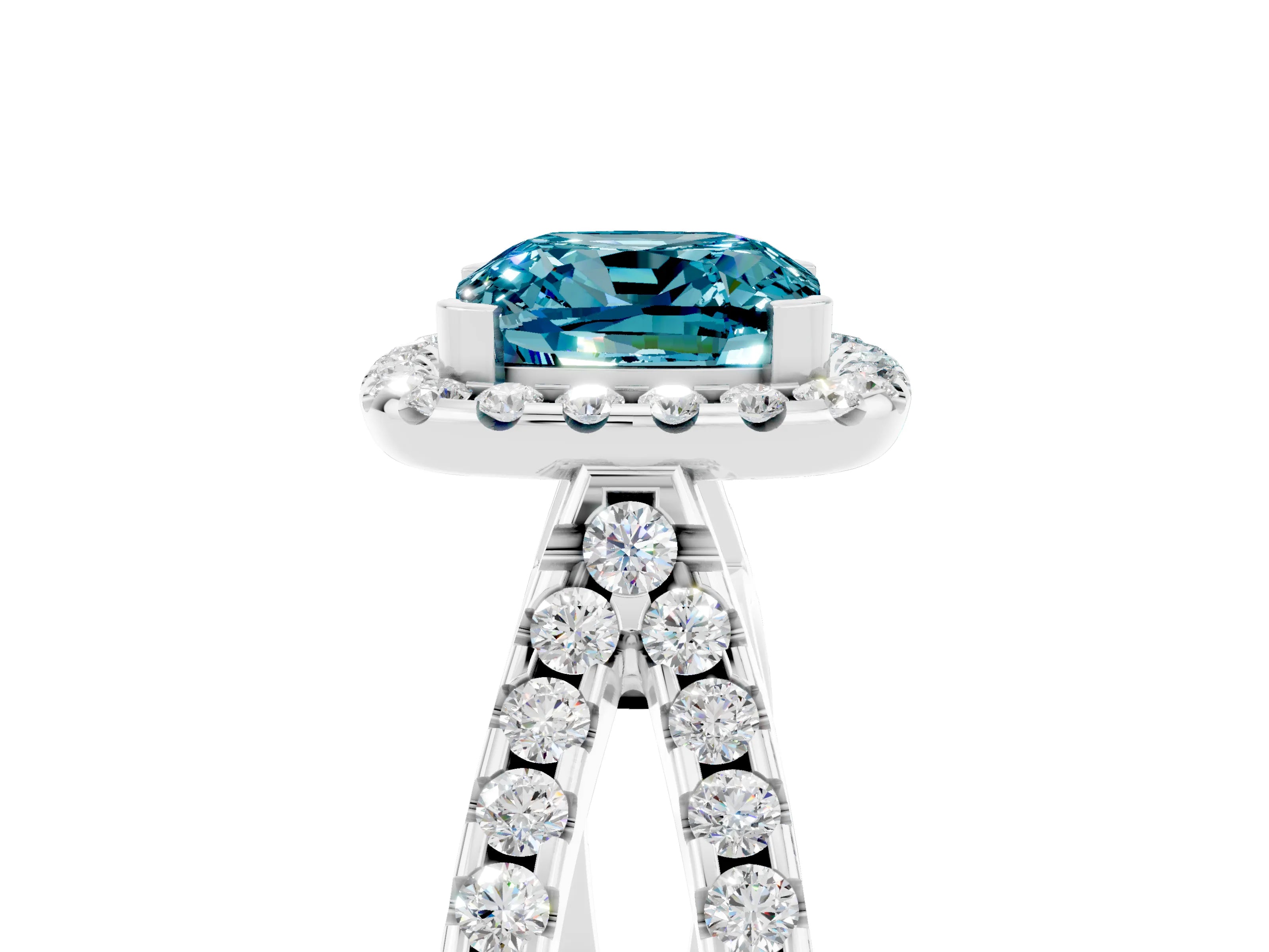 White gold Cushion Cut Blue Topaz Halo Ring with Split Shank Pavé Band and Prong Setting_5