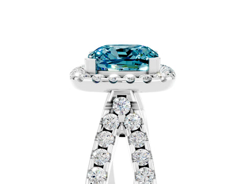 White gold Cushion Cut Blue Topaz Halo Ring with Split Shank Pavé Band and Prong Setting_5