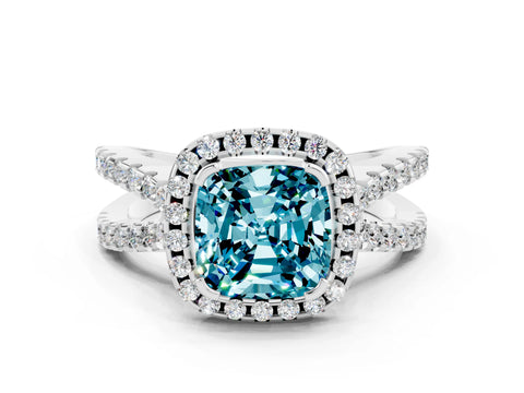 White gold Cushion Cut Blue Topaz Halo Ring with Split Shank Pavé Band and Prong Setting