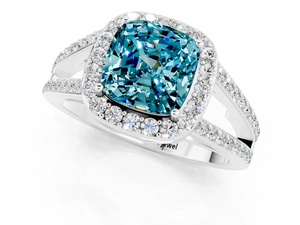 Silver Cushion Cut Blue Topaz Halo Ring with Split Shank U-Prong Band and Four-Prong Setting