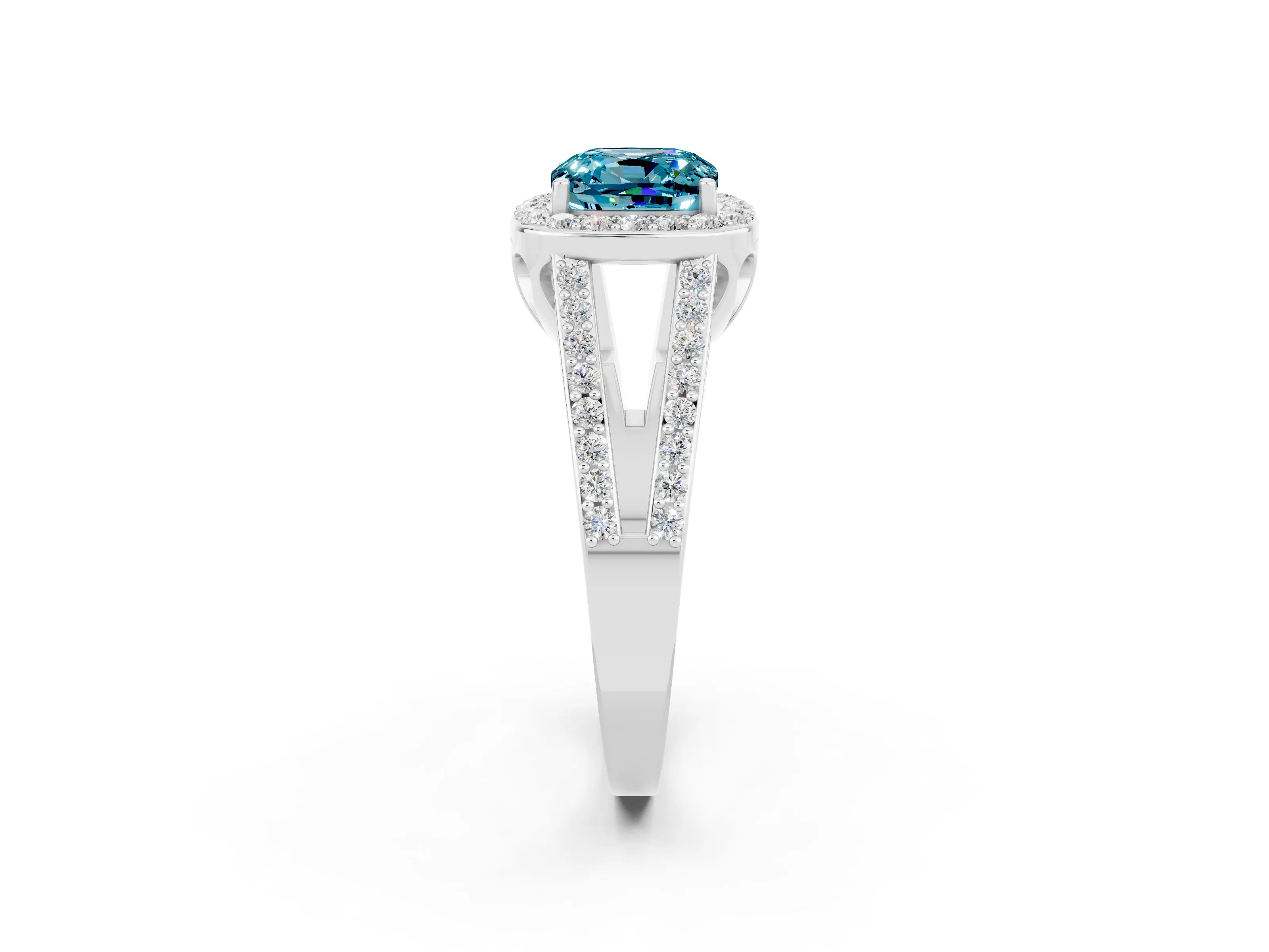 White gold Cushion Cut Blue Topaz Halo Ring with Split Shank U-Prong Band and Four-Prong Setting_2
