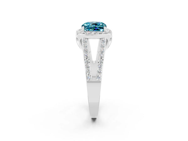 White gold Cushion Cut Blue Topaz Halo Ring with Split Shank U-Prong Band and Four-Prong Setting