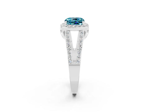 White gold Cushion Cut Blue Topaz Halo Ring with Split Shank U-Prong Band and Four-Prong Setting_2