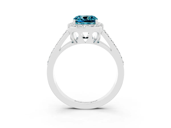 Platinum Cushion Cut Blue Topaz Halo Ring with Split Shank U-Prong Band and Four-Prong Setting