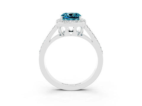 White gold Cushion Cut Blue Topaz Halo Ring with Split Shank U-Prong Band and Four-Prong Setting_3