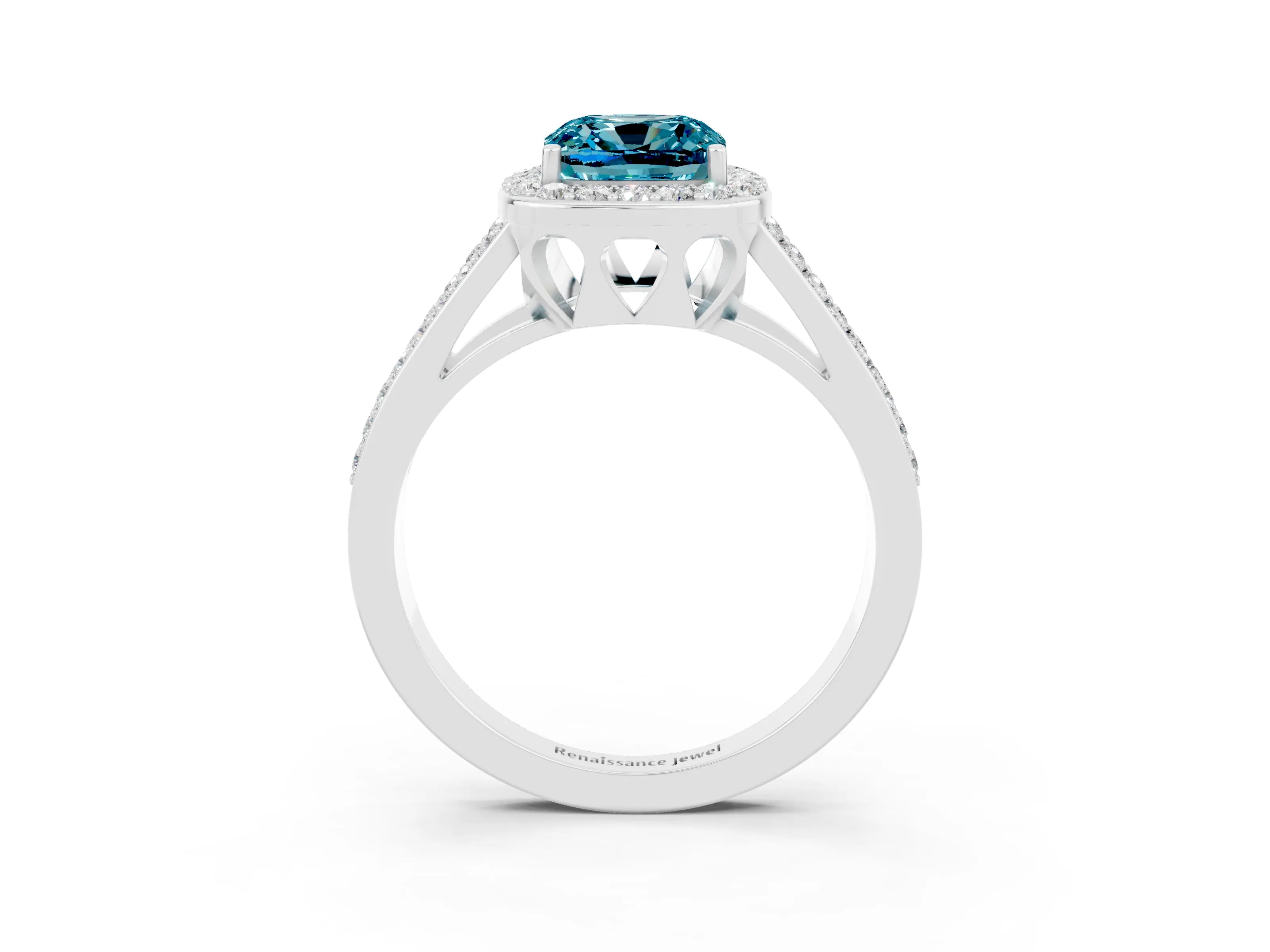 White gold Cushion Cut Blue Topaz Halo Ring with Split Shank U-Prong Band and Four-Prong Setting_3