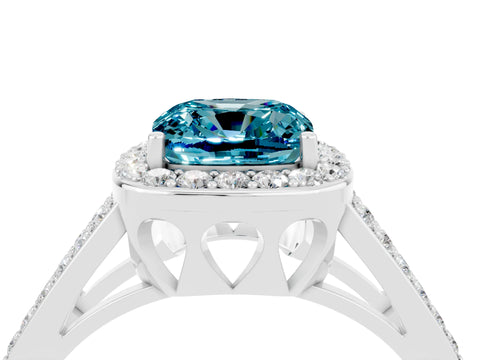 White gold Cushion Cut Blue Topaz Halo Ring with Split Shank U-Prong Band and Four-Prong Setting_4