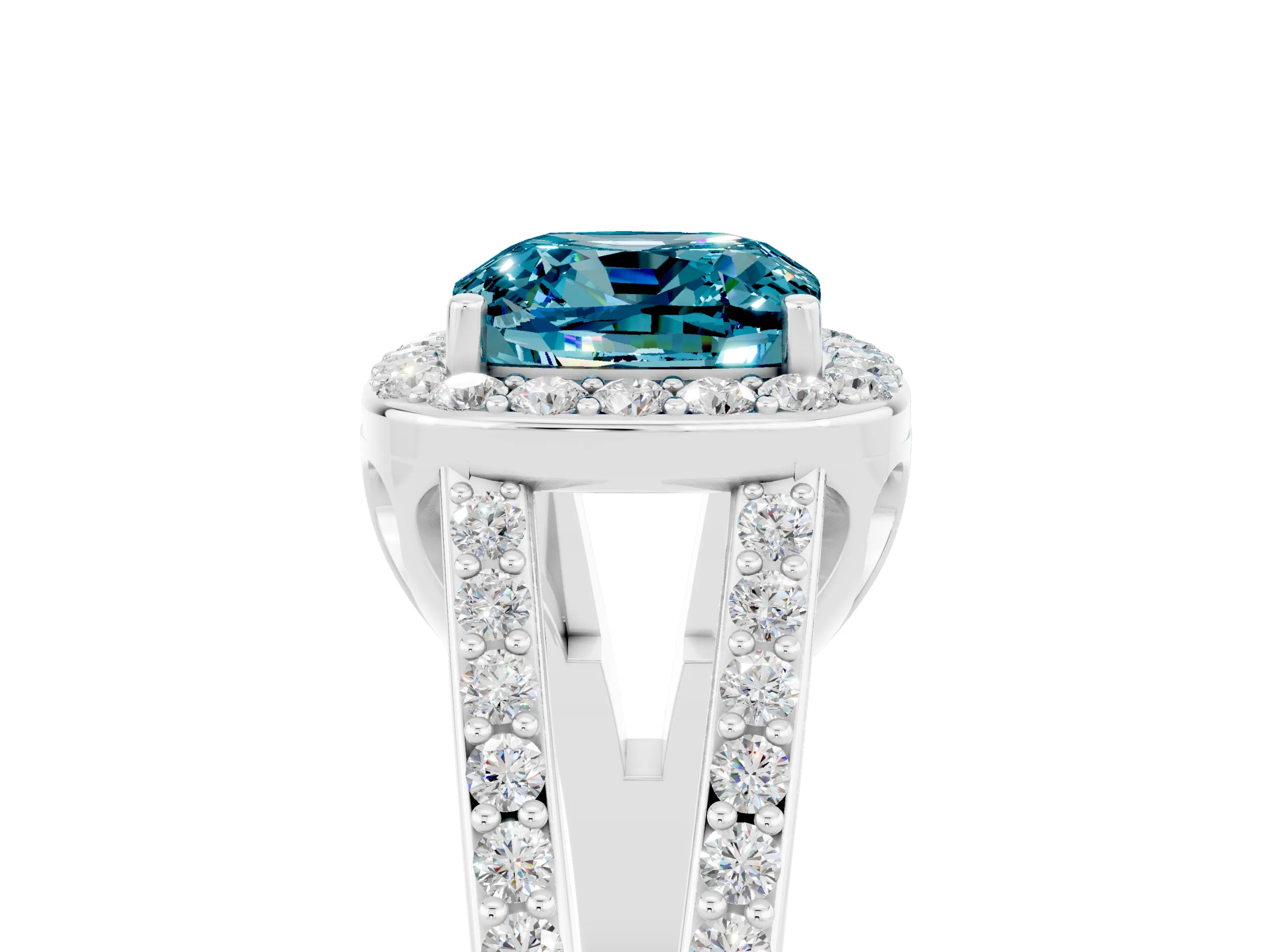White gold Cushion Cut Blue Topaz Halo Ring with Split Shank U-Prong Band and Four-Prong Setting_5