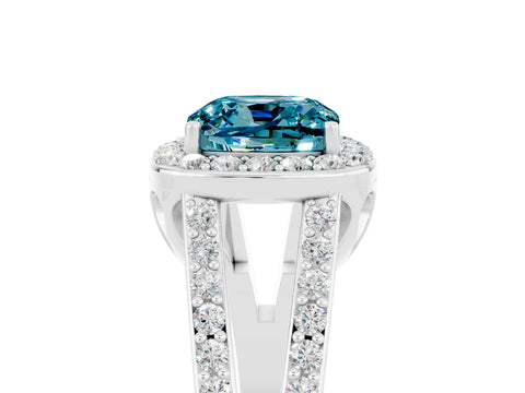 White gold Cushion Cut Blue Topaz Halo Ring with Split Shank U-Prong Band and Four-Prong Setting_5