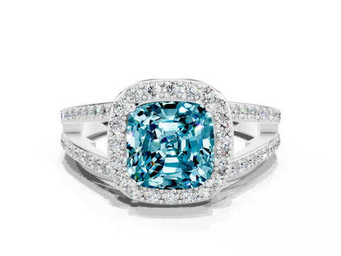 White gold Cushion Cut Blue Topaz Halo Ring with Split Shank U-Prong Band and Four-Prong Setting