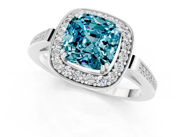 Silver Cushion Cut Blue Topaz Halo Ring with Split Shank and Four-Prong Setting