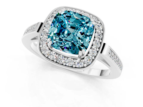 White gold Cushion Cut Blue Topaz Halo Ring with Split Shank and Four-Prong Setting_1