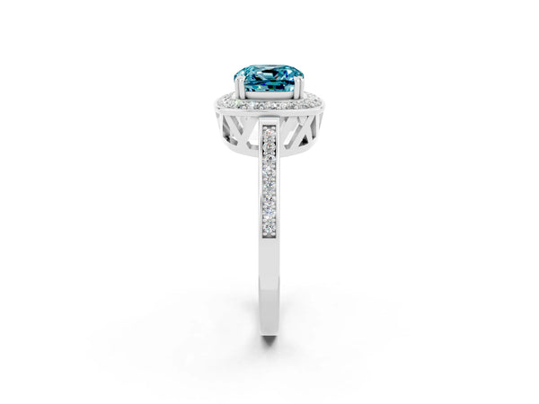 Platinum Cushion Cut Blue Topaz Halo Ring with Split Shank and Four-Prong Setting