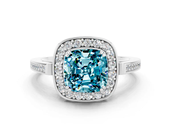 White gold Cushion Cut Blue Topaz Halo Ring with Split Shank and Four-Prong Setting