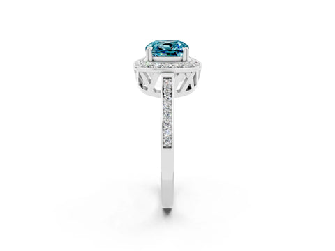 White gold Cushion Cut Blue Topaz Halo Ring with Split Shank and Four-Prong Setting_26