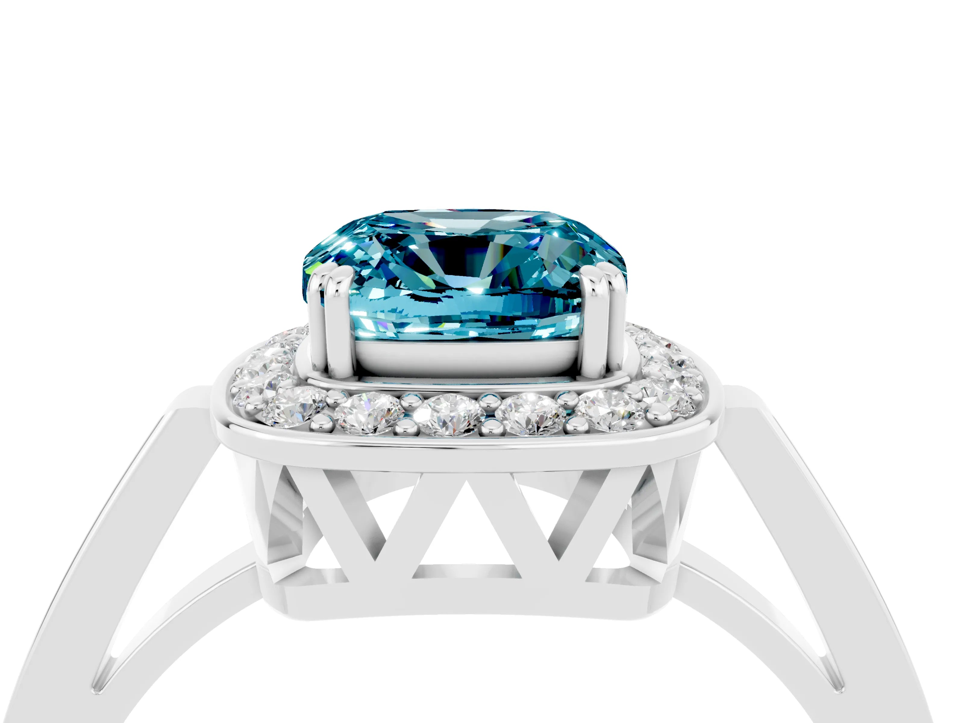 White gold Cushion Cut Blue Topaz Halo Ring with Split Shank and Four-Prong Setting_28
