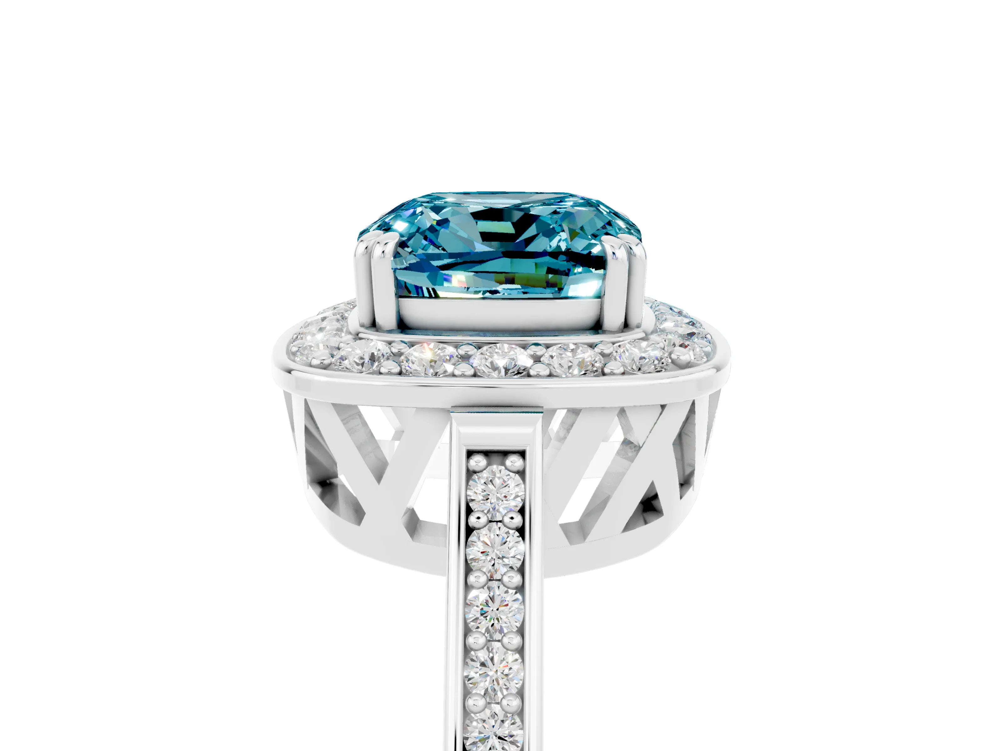 White gold Cushion Cut Blue Topaz Halo Ring with Split Shank and Four-Prong Setting_29