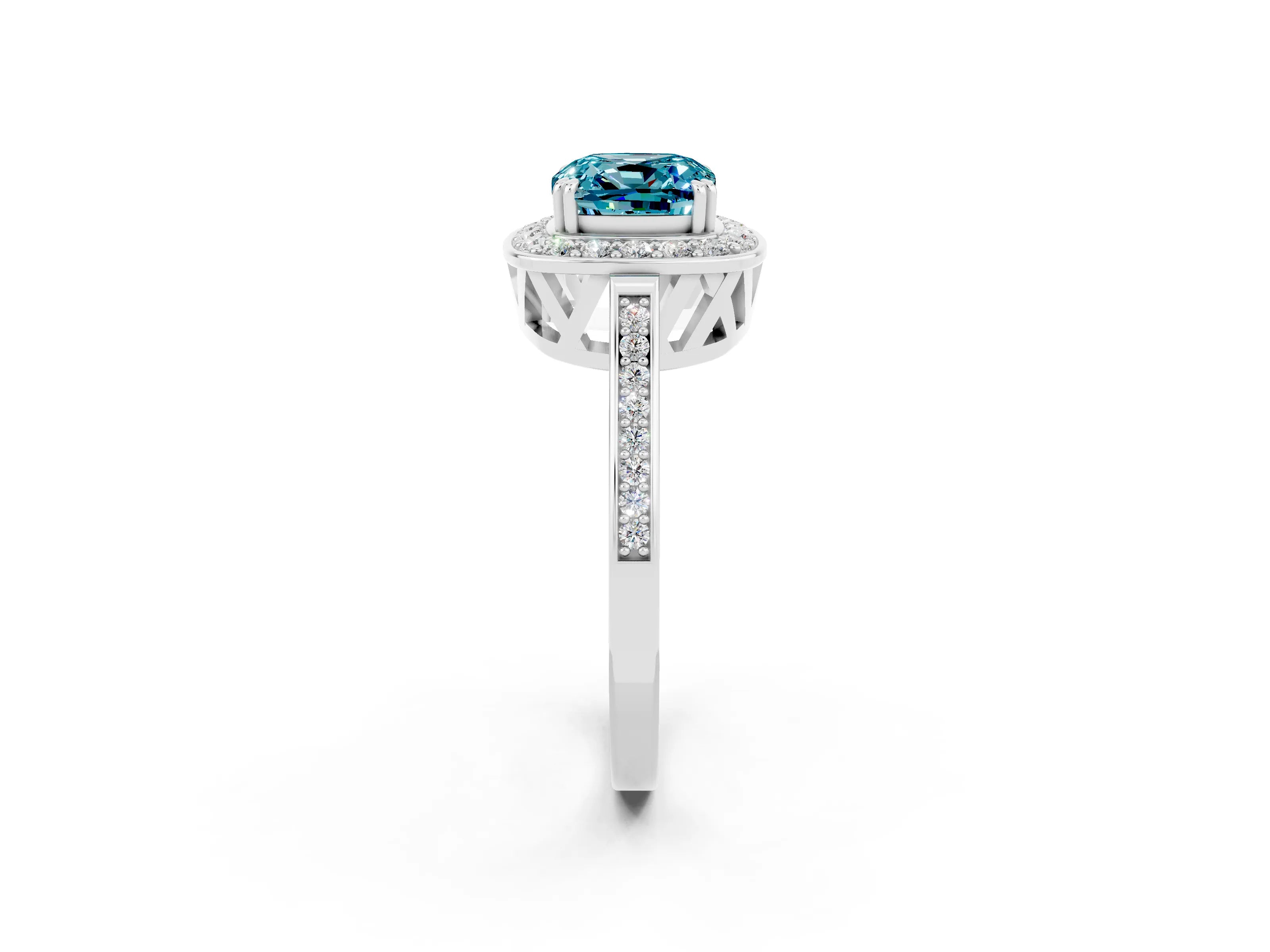 White gold Cushion Cut Blue Topaz Halo Ring with Split Shank and Four-Prong Setting_2