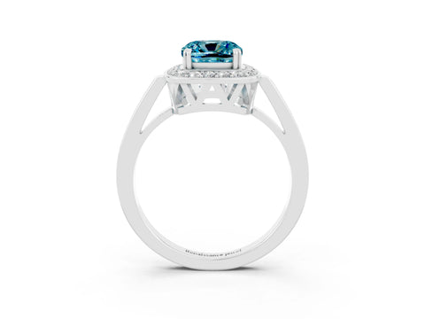 White gold Cushion Cut Blue Topaz Halo Ring with Split Shank and Four-Prong Setting_3