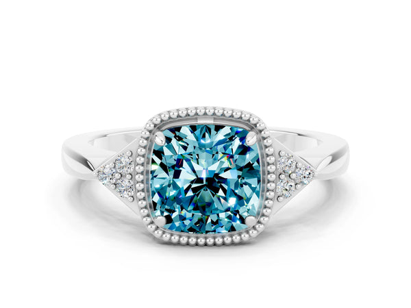 Platinum Cushion Cut Blue Topaz Halo Ring with Tapered Band and Four-Prong Setting