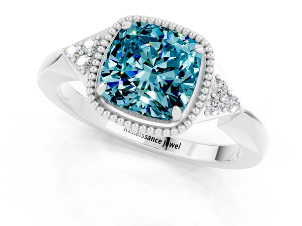 Platinum Cushion Cut Blue Topaz Halo Ring with Tapered Band and Four-Prong Setting