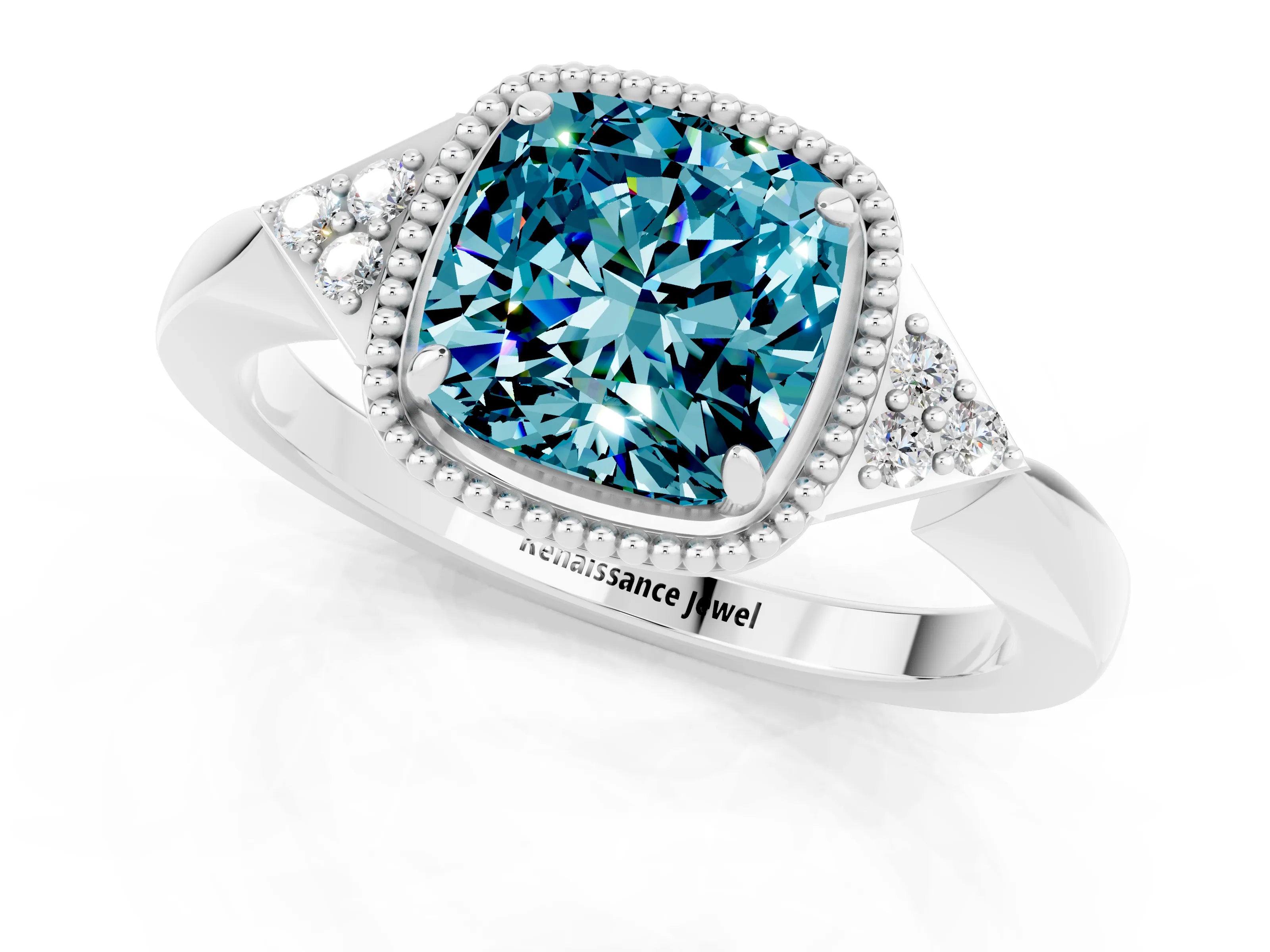 White gold Cushion Cut Blue Topaz Halo Ring with Tapered Band and Four-Prong Setting_1