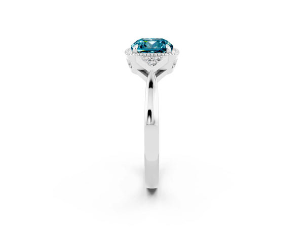 Platinum Cushion Cut Blue Topaz Halo Ring with Tapered Band and Four-Prong Setting