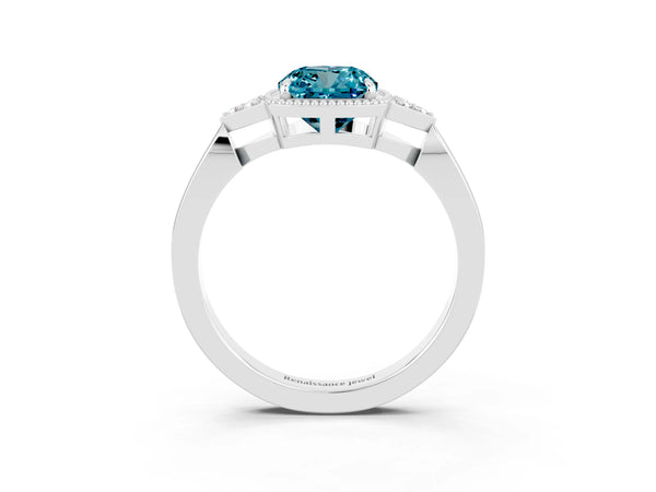 Platinum Cushion Cut Blue Topaz Halo Ring with Tapered Band and Four-Prong Setting