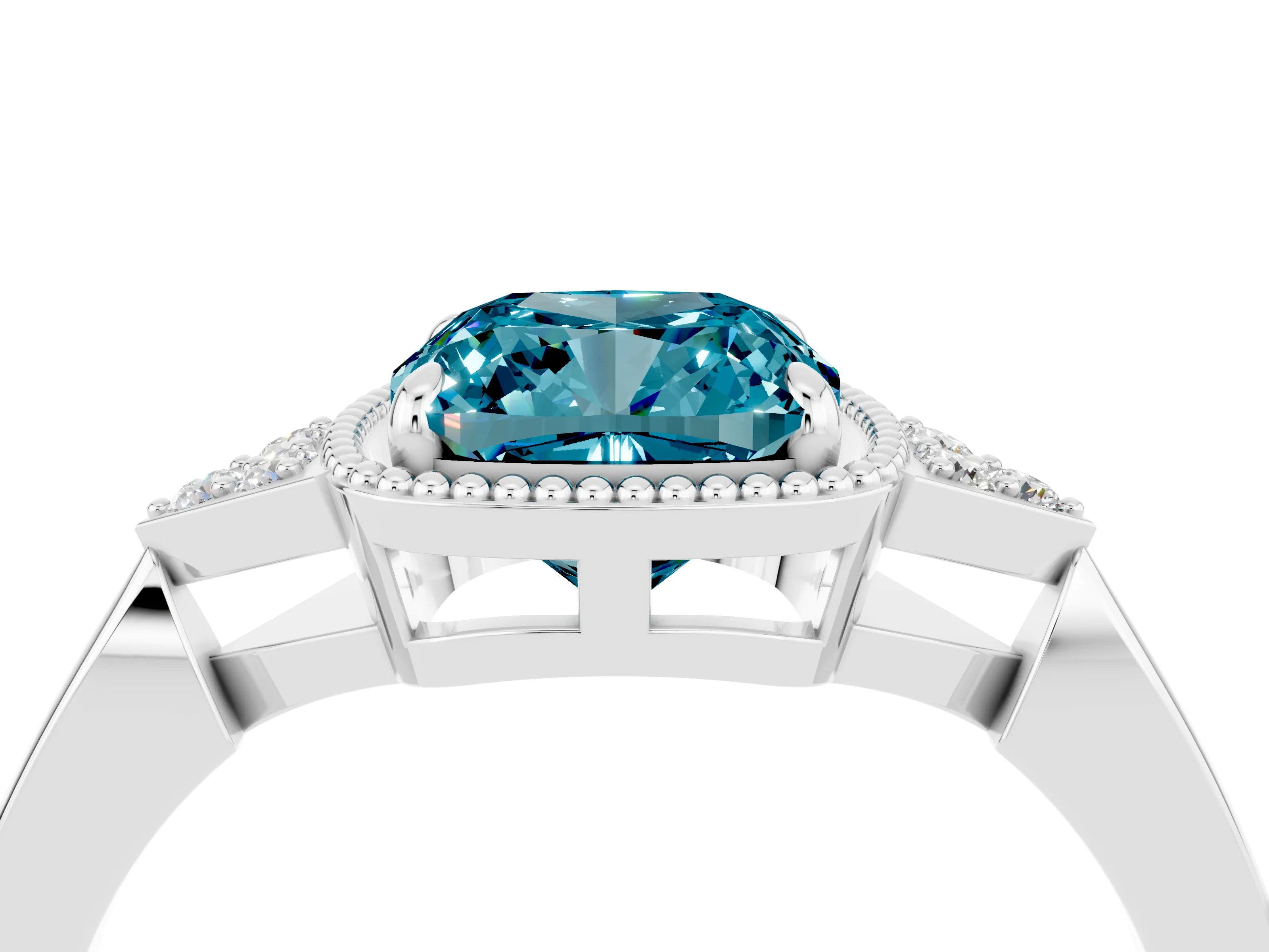 White gold Cushion Cut Blue Topaz Halo Ring with Tapered Band and Four-Prong Setting_4