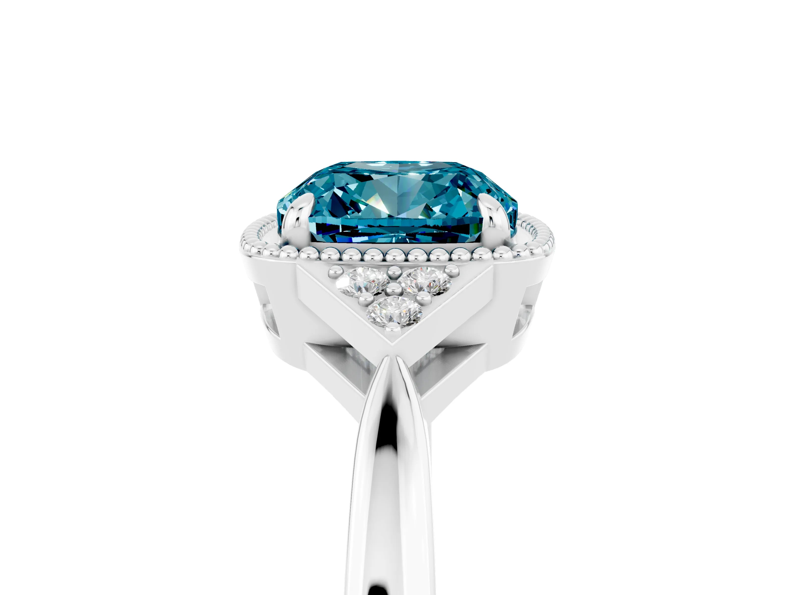 White gold Cushion Cut Blue Topaz Halo Ring with Tapered Band and Four-Prong Setting_5