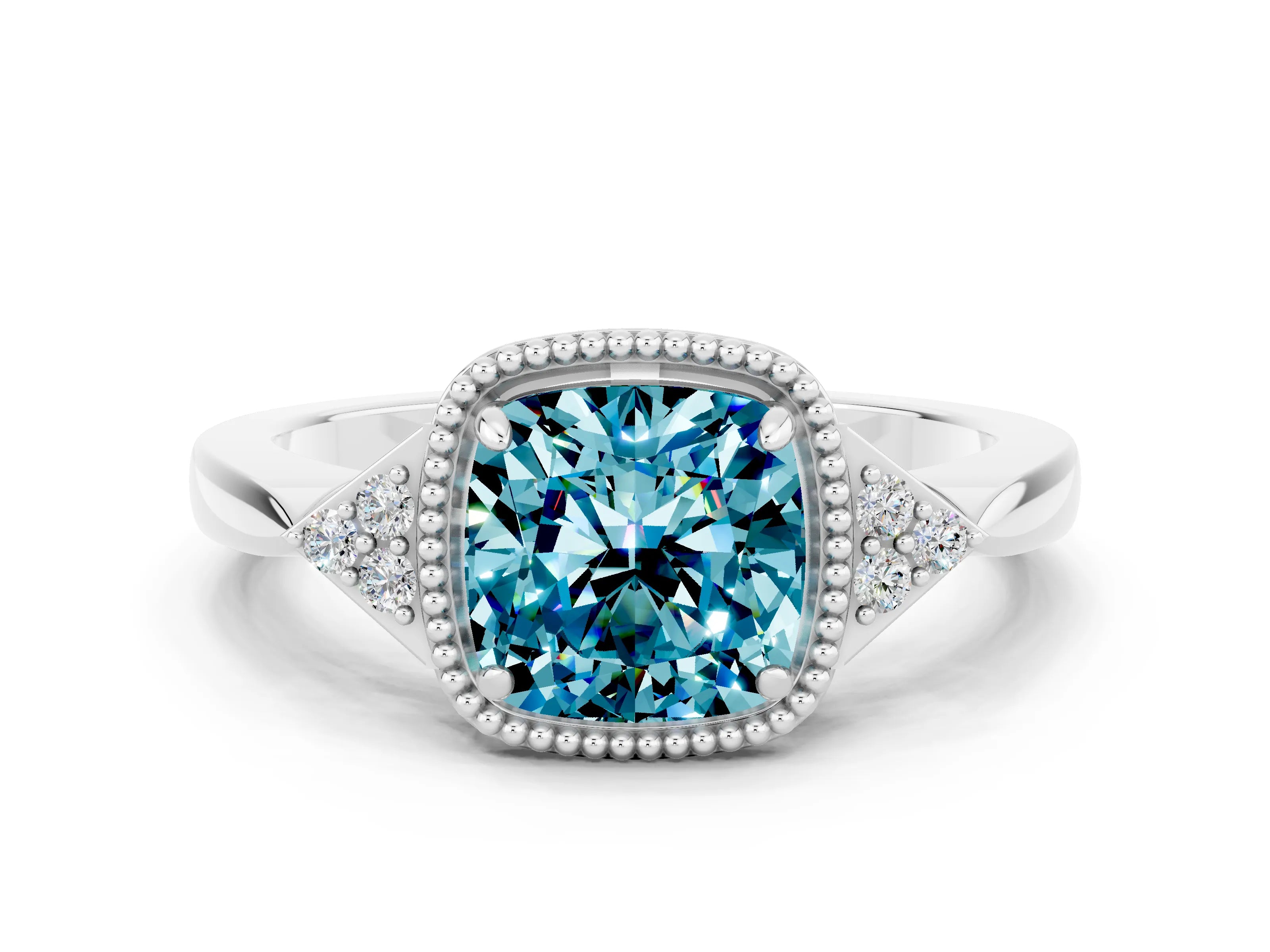 White gold Cushion Cut Blue Topaz Halo Ring with Tapered Band and Four-Prong Setting