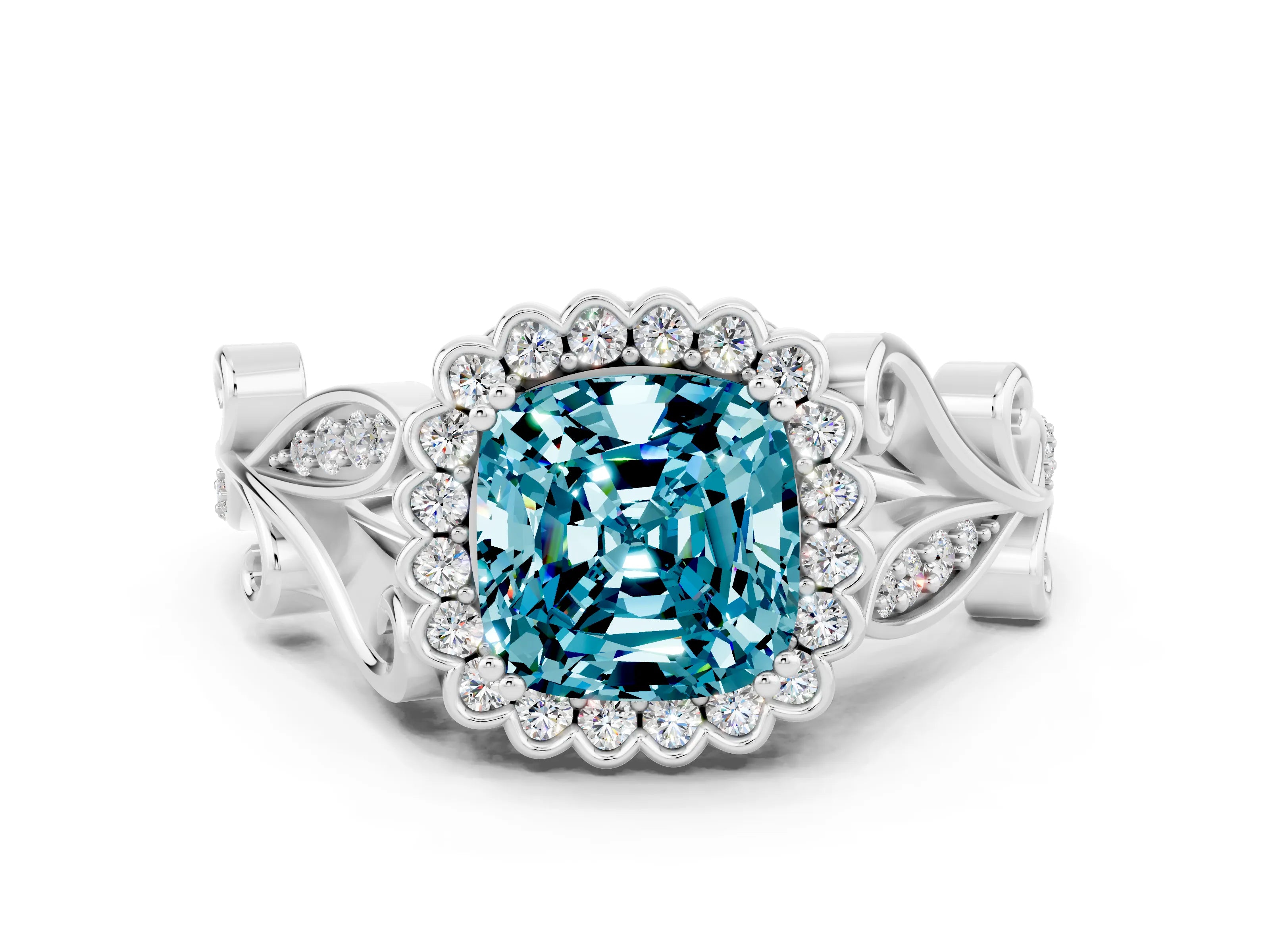 White gold Cushion Cut Blue Topaz Halo Ring with Vintage Split Shank and Four-Prong Setting_24