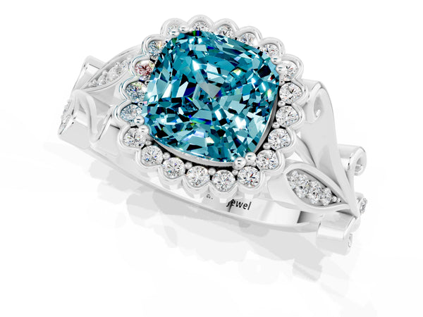 Silver Cushion Cut Blue Topaz Halo Ring with Vintage Split Shank and Four-Prong Setting