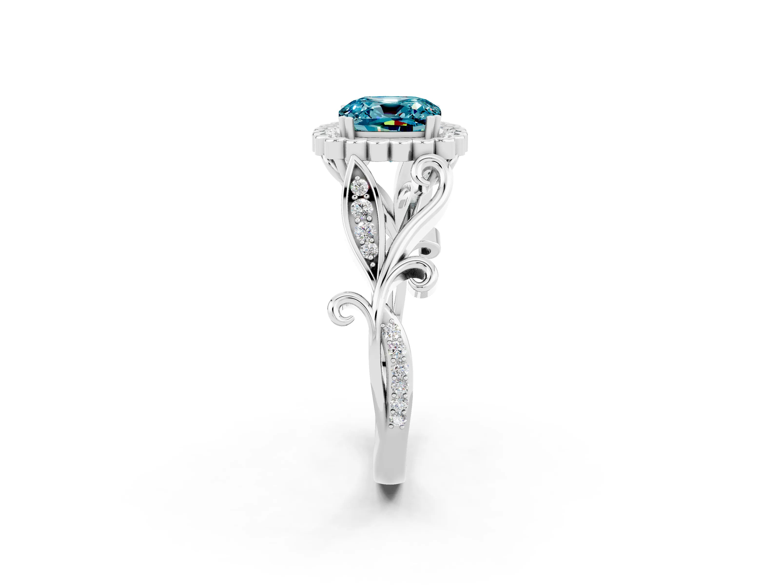 White gold Cushion Cut Blue Topaz Halo Ring with Vintage Split Shank and Four-Prong Setting_26
