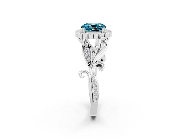 White gold Cushion Cut Blue Topaz Halo Ring with Vintage Split Shank and Four-Prong Setting
