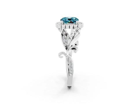 White gold Cushion Cut Blue Topaz Halo Ring with Vintage Split Shank and Four-Prong Setting_26