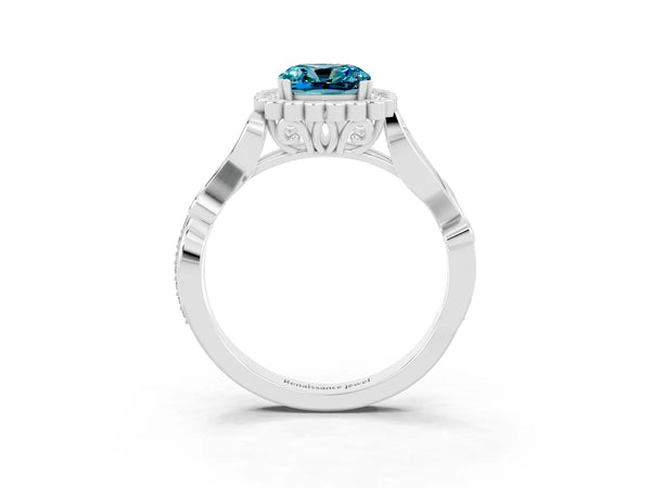 White gold Cushion Cut Blue Topaz Halo Ring with Vintage Split Shank and Four-Prong Setting