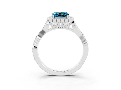 White gold Cushion Cut Blue Topaz Halo Ring with Vintage Split Shank and Four-Prong Setting_27