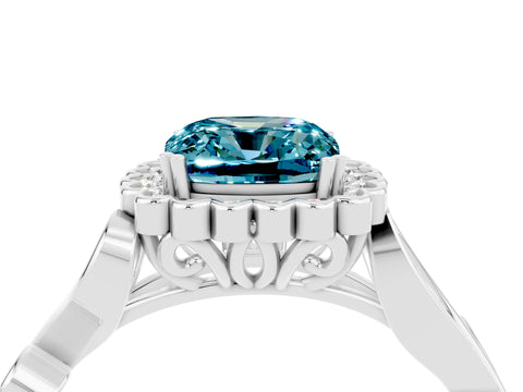 White gold Cushion Cut Blue Topaz Halo Ring with Vintage Split Shank and Four-Prong Setting_28
