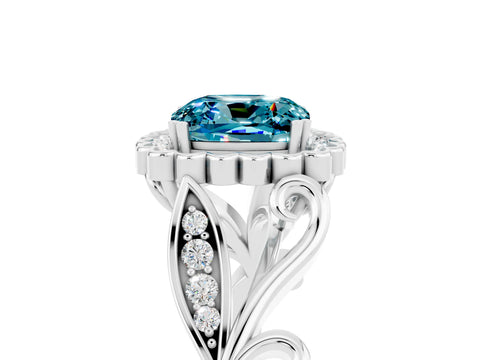 White gold Cushion Cut Blue Topaz Halo Ring with Vintage Split Shank and Four-Prong Setting_29