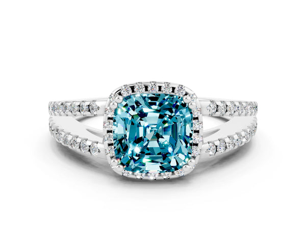 Platinum Cushion Cut Blue Topaz Halo Split Shank Engagement Ring