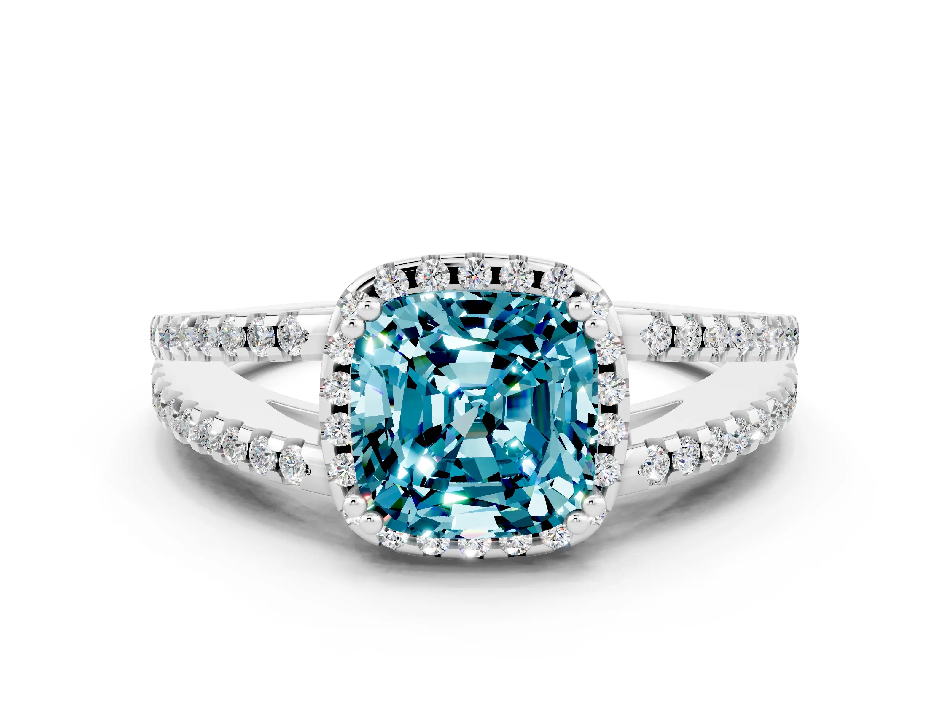 White gold Cushion Cut Blue Topaz Halo Split Shank Engagement Ring_12