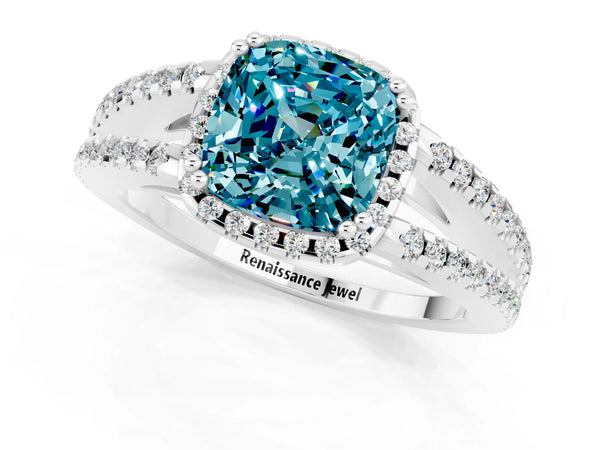 White gold Cushion Cut Blue Topaz Halo Split Shank Engagement Ring